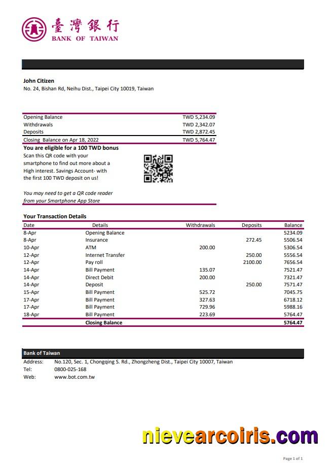 Taiwan Bank of Taiwan bank statement xls